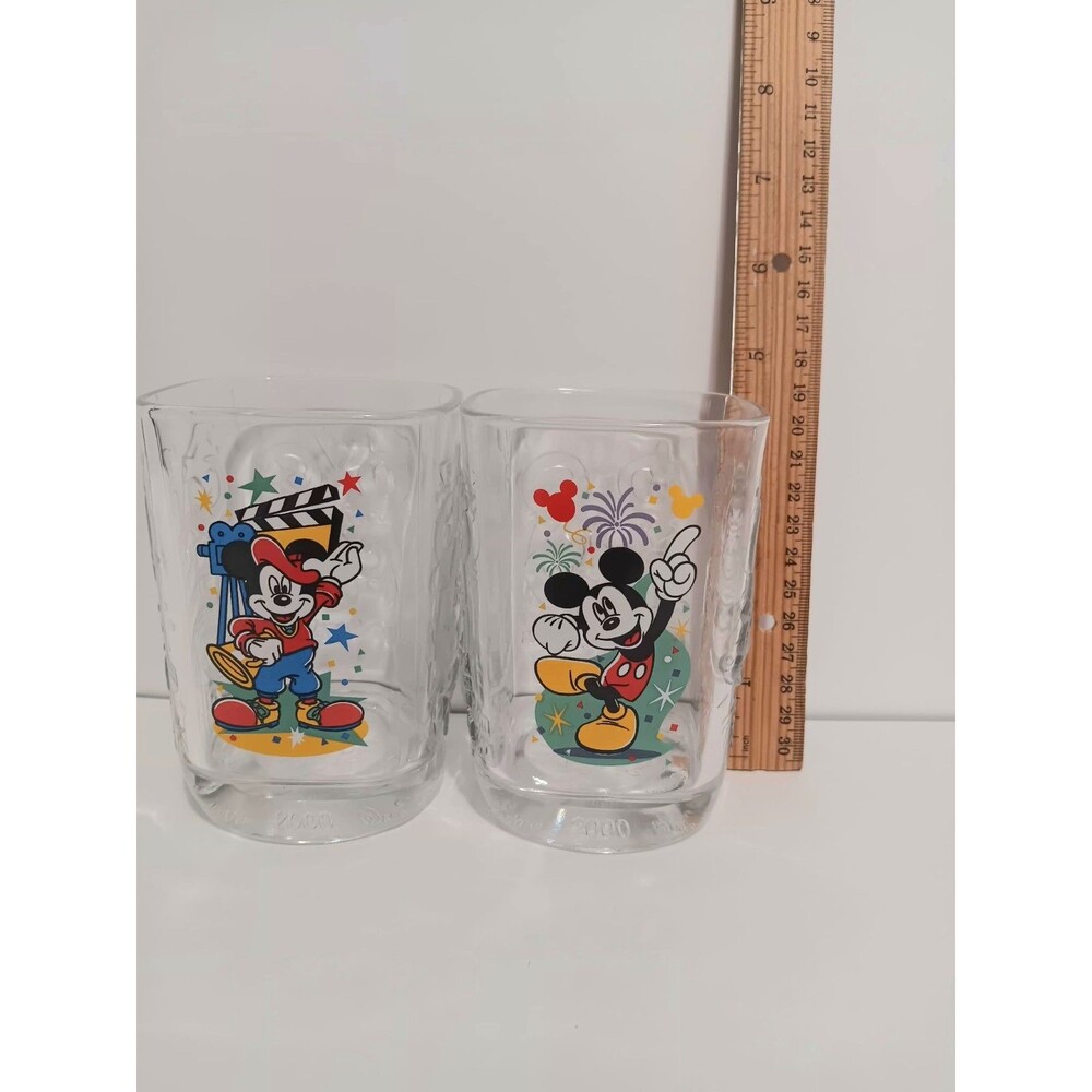 Disney Mickey Mouse McDonald's Celebrate 2000 Clear Glass 4.5" Lot Of 2